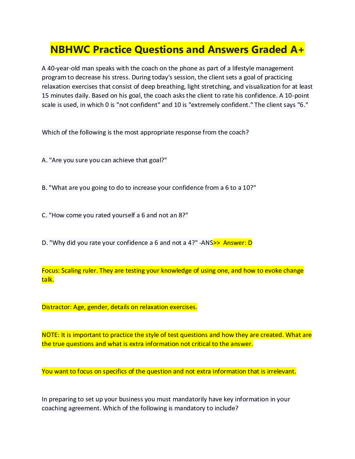 Preview image for NBHWC Practice Questions and Answers Graded A+